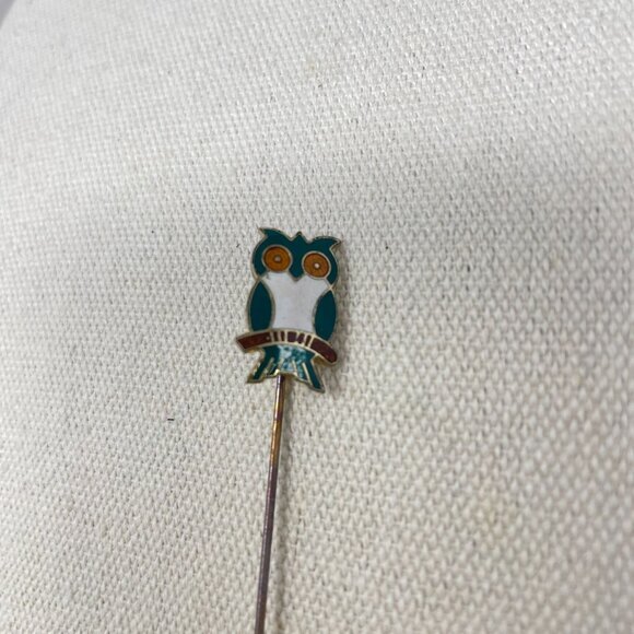 Cloisonne Enamel Owl Stick Pin Novelty Bird Vintage Gold-Tone Green - Picture 3 of 13